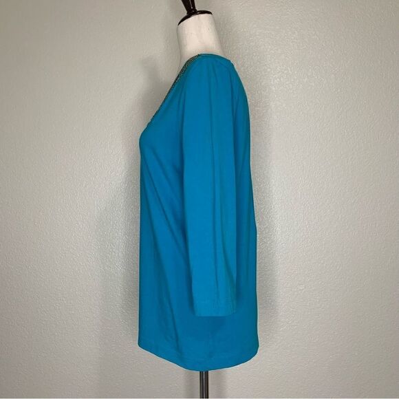 Chico’s Beaded Embellished Blue V-neck 3/4 Sleeves Top - Picture 5 of 13
